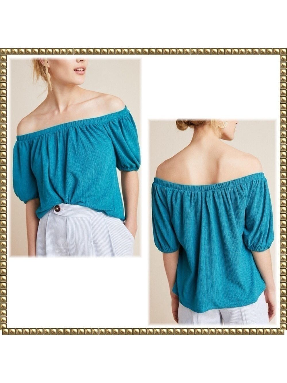 Anthropologie Elodie Turquoise Off Shoulder Puff Sleeve Top Large